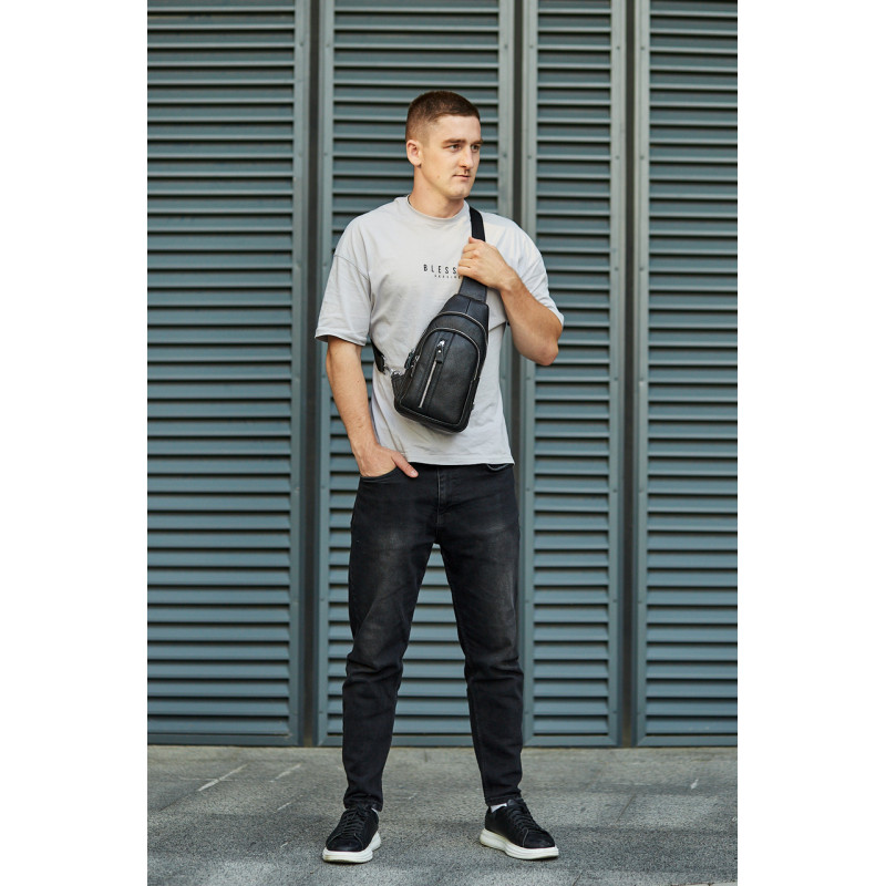 Сумка-слінг чоловіча на одне плече 18х32х7, рюкзак нагрудний з натуральної шкіри 74521 чорний