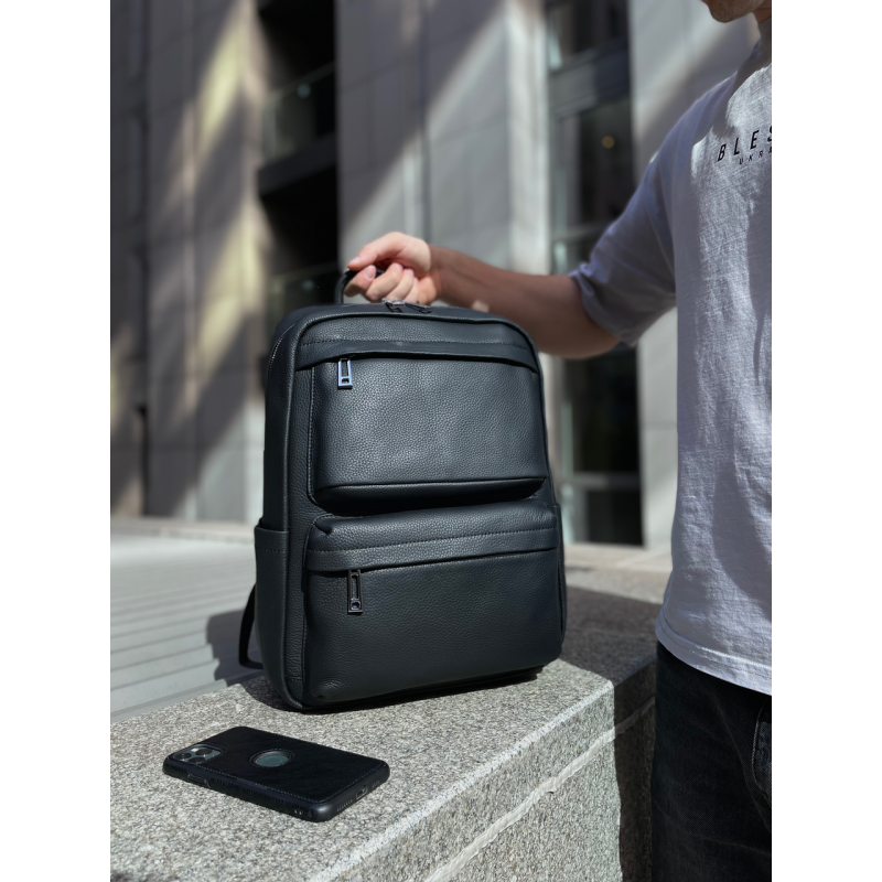 Чоловічий рюкзак для ноутбука та поїздок з натуральної шкіри 40х30х16, сумка наплічна Tiding Bag, чорна