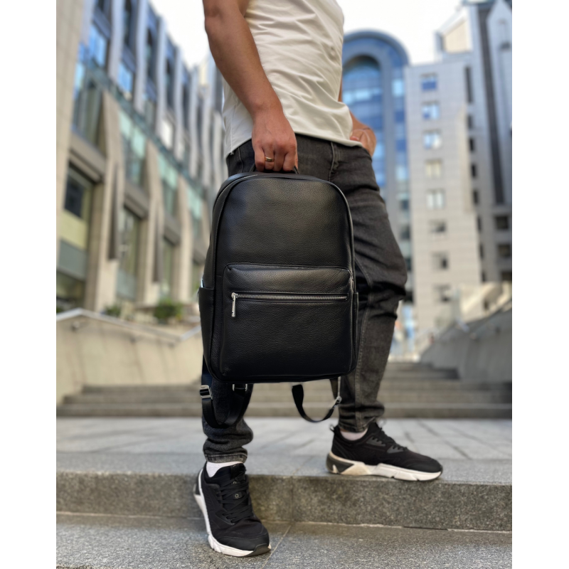 Шкіряний чоловічий рюкзак міський 30х41х12, сумка на плечі для ноутбука та документів Tiding Bag 20334 чорна