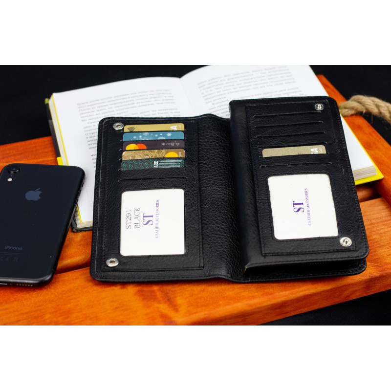 Чорний багатофункціональний чоловічий гаманець з натуральної шкіри МС291