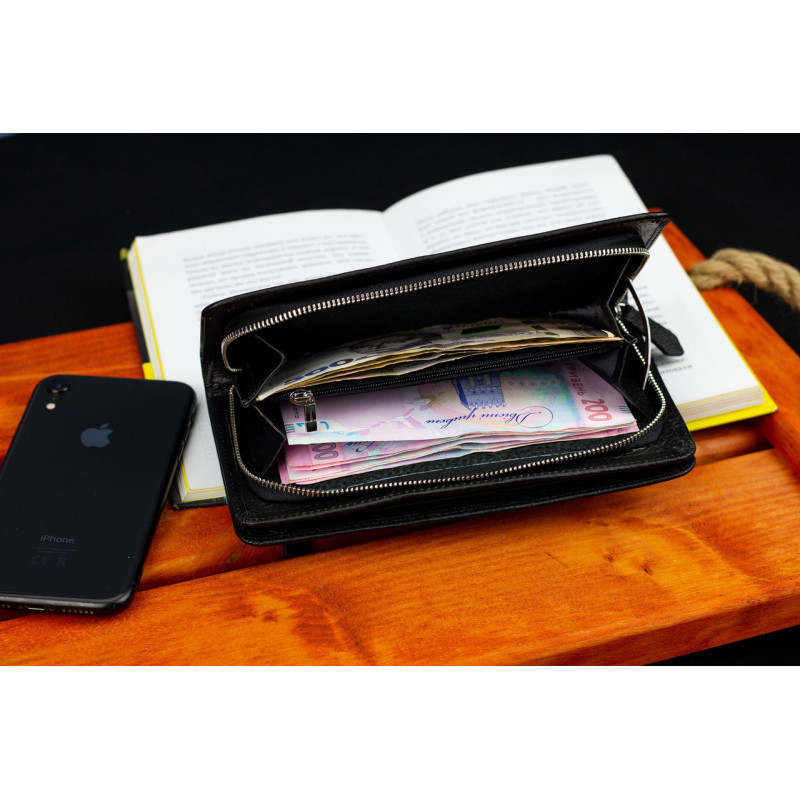 Чорний багатофункціональний чоловічий гаманець з натуральної шкіри МС291