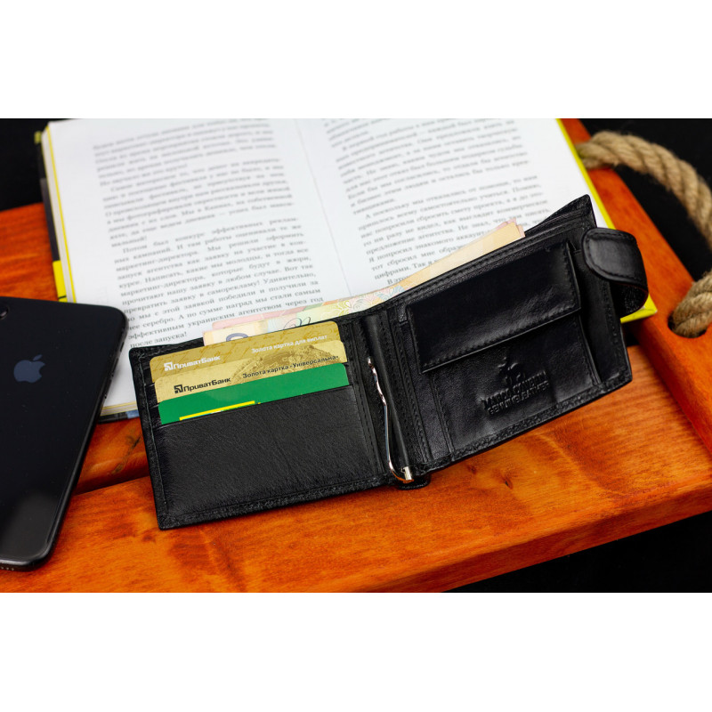 Чорне шкіряне чоловіче портмоне із затискачем для грошей Marco Coverna MC-2006H-1