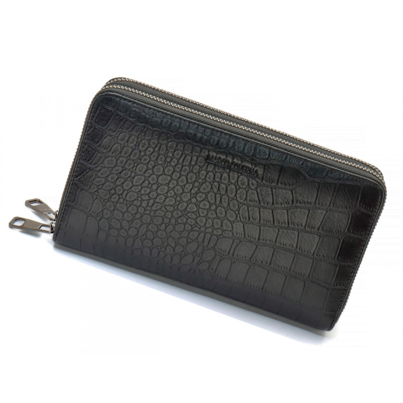 Чорний гаманець-клатч на дві блискавки із фактурної натуральної шкіри Marco Coverna MCJP-5902B