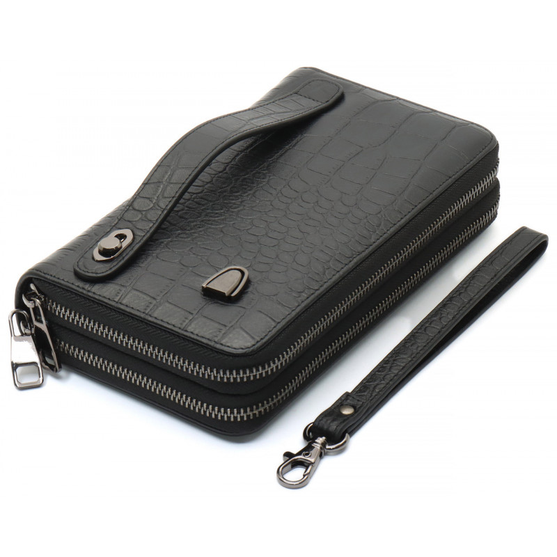 Чорний гаманець-клатч на дві блискавки із фактурної натуральної шкіри Marco Coverna MCJP-5902B