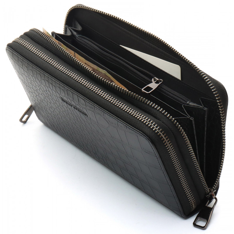 Чорний гаманець-клатч на дві блискавки із фактурної натуральної шкіри Marco Coverna MCJP-5902B