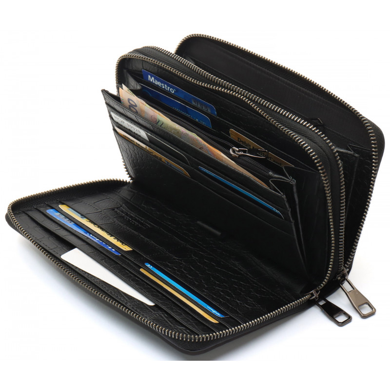 Чорний гаманець-клатч на дві блискавки із фактурної натуральної шкіри Marco Coverna MCJP-5902B