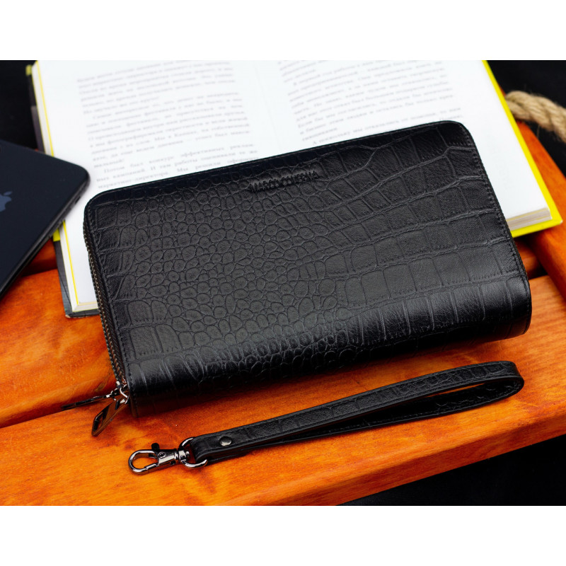 Чорний гаманець-клатч на дві блискавки із фактурної натуральної шкіри Marco Coverna MCJP-5902B