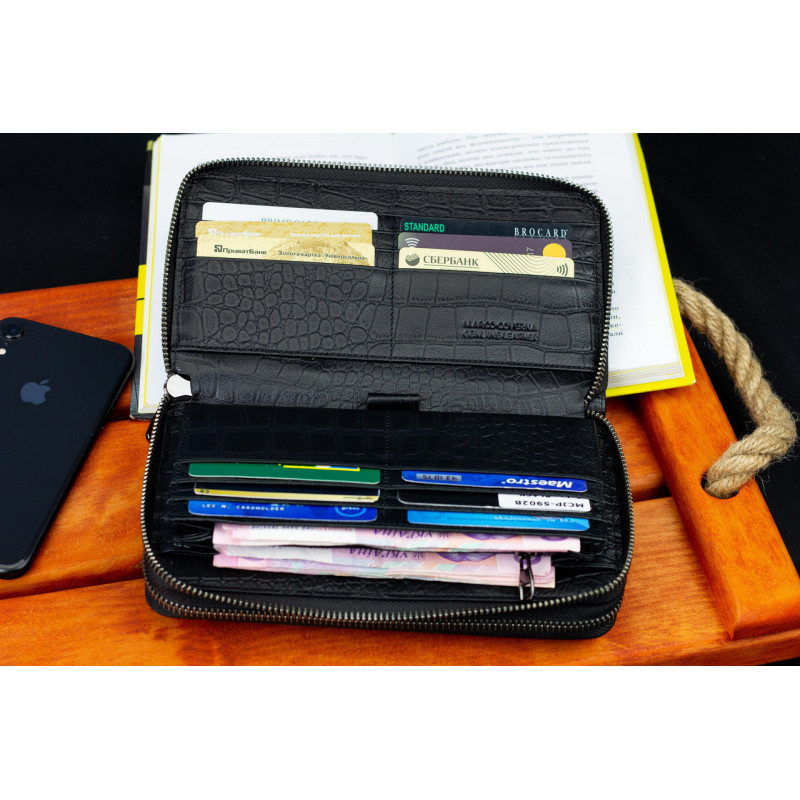 Чорний гаманець-клатч на дві блискавки із фактурної натуральної шкіри Marco Coverna MCJP-5902B