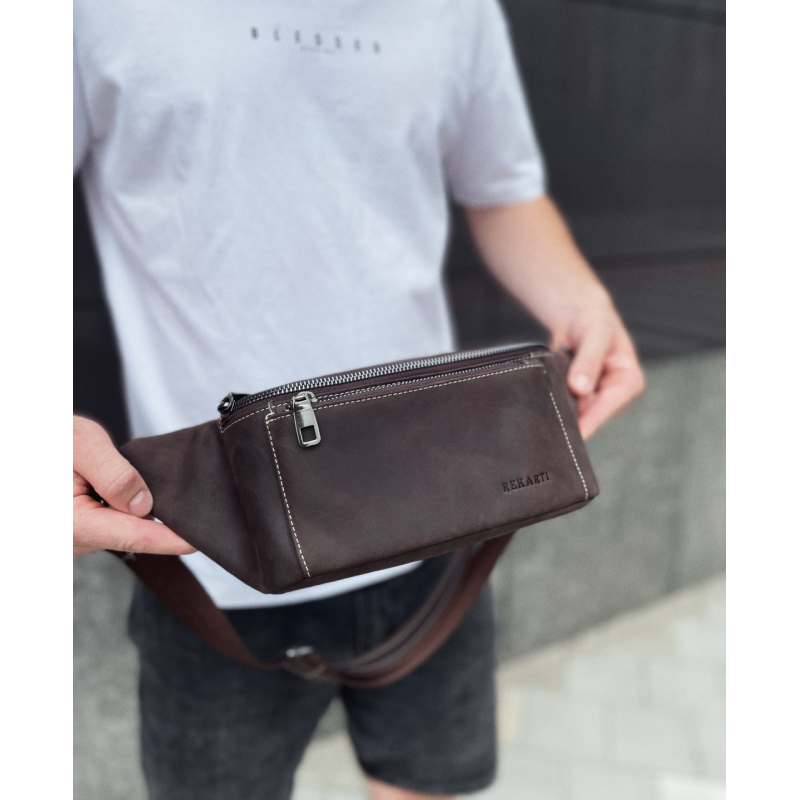 Сумка-бананка зі шкіри 24х11х8, чоловічий крейзі хорс для гаджетів на пояс CH-7371 коричнева