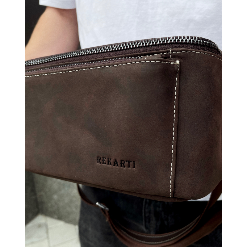 Сумка-бананка зі шкіри 24х11х8, чоловічий крейзі хорс для гаджетів на пояс CH-7371 коричнева