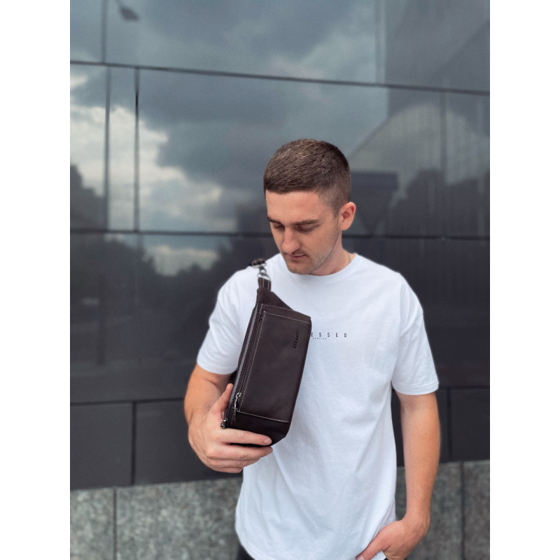 Сумка-бананка зі шкіри 24х11х8, чоловічий крейзі хорс для гаджетів на пояс CH-7371 коричнева