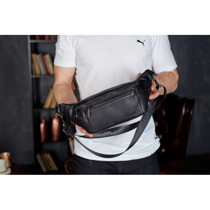 Сумка-бананка для телефону 11х25х8, стильний слінг із натуральної гладкої шкіри TD-31848 чорний