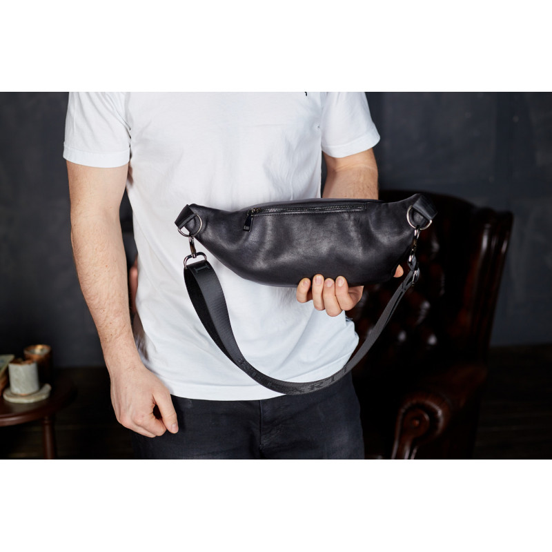 Сумка-бананка для телефону 11х25х8, стильний слінг із натуральної гладкої шкіри TD-31848 чорний