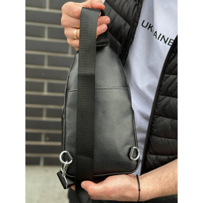 Чоловіча сумка-бананка через плече 18х32х7, рюкзак унісекс на груди з натуральної шкіри TIDING BAG 3280 чорний