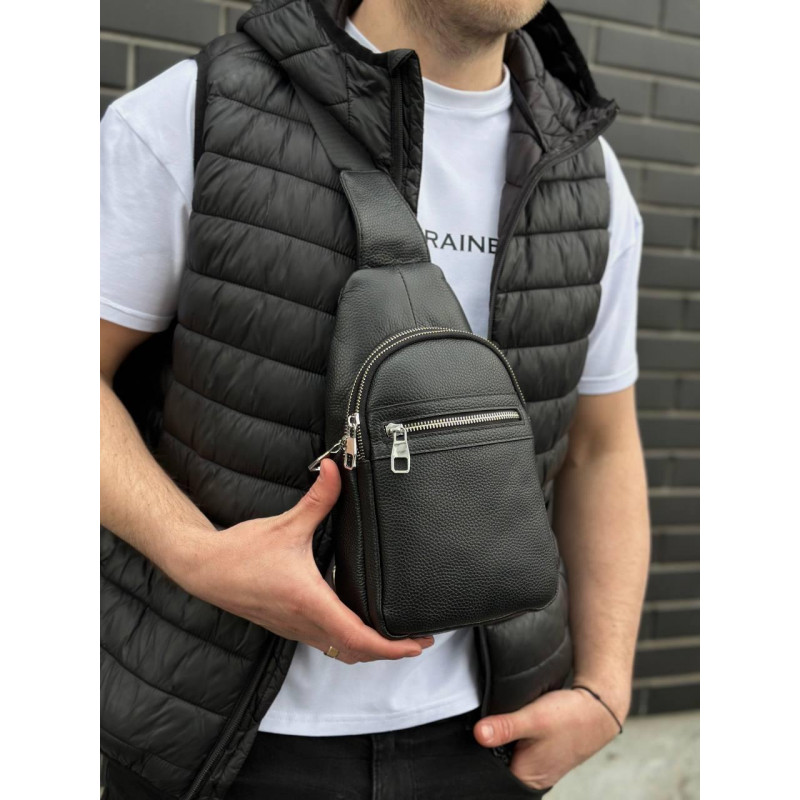 Чоловіча сумка-бананка через плече 18х32х7, рюкзак унісекс на груди з натуральної шкіри TIDING BAG 3280 чорний