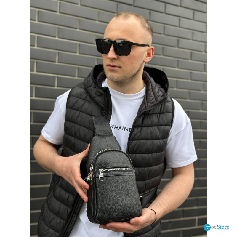 Чоловіча сумка-бананка через плече 18х32х7, рюкзак унісекс на груди з натуральної шкіри TIDING BAG 3280 чорний