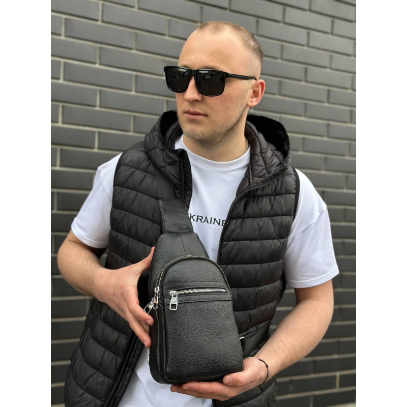 Чоловіча сумка-бананка через плече 18х32х7, рюкзак унісекс на груди з натуральної шкіри TIDING BAG 3280 чорний