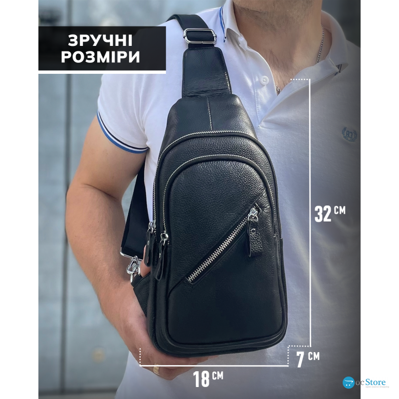 Чоловічий слінг через плече 18х32х7, шкіряна бананка нагрудна, сумка рюкзак Tiding Bag 33737 чорна