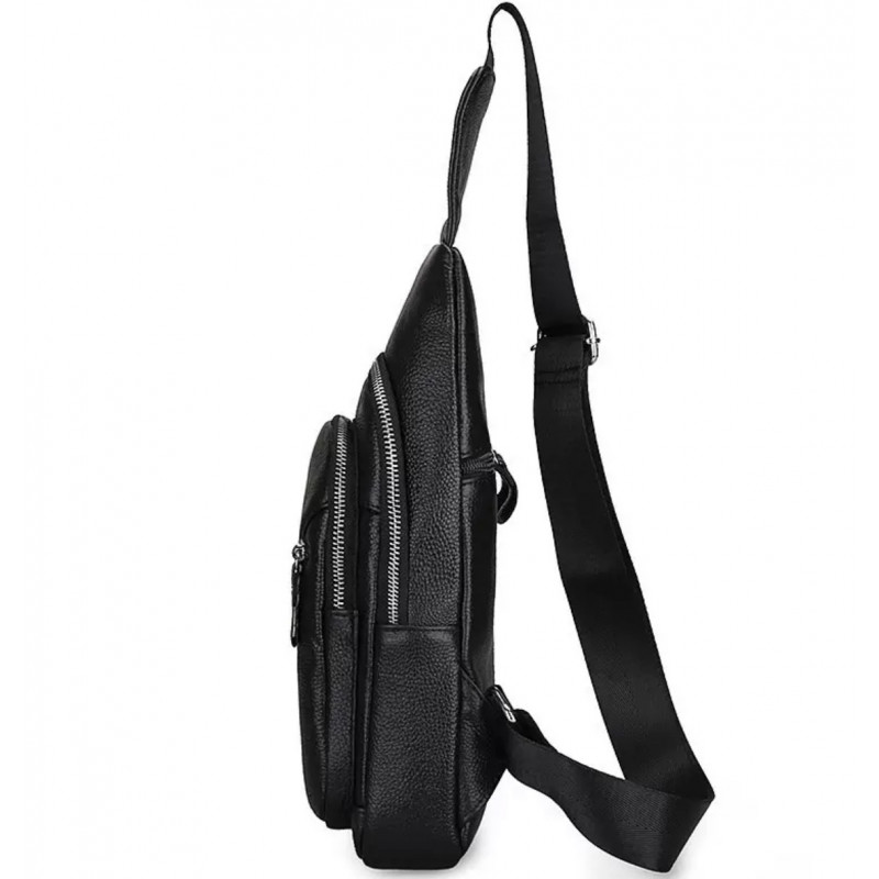 Чоловічий слінг через плече 18х32х7, шкіряна бананка нагрудна, сумка рюкзак Tiding Bag 33737 чорна