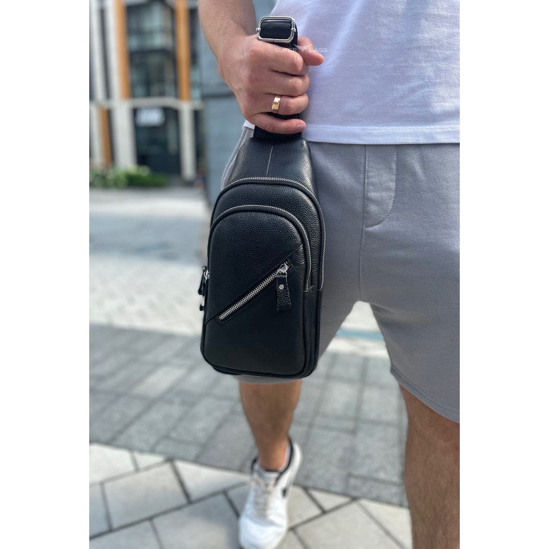 Чоловічий слінг через плече 18х32х7, шкіряна бананка нагрудна, сумка рюкзак Tiding Bag 33737 чорна