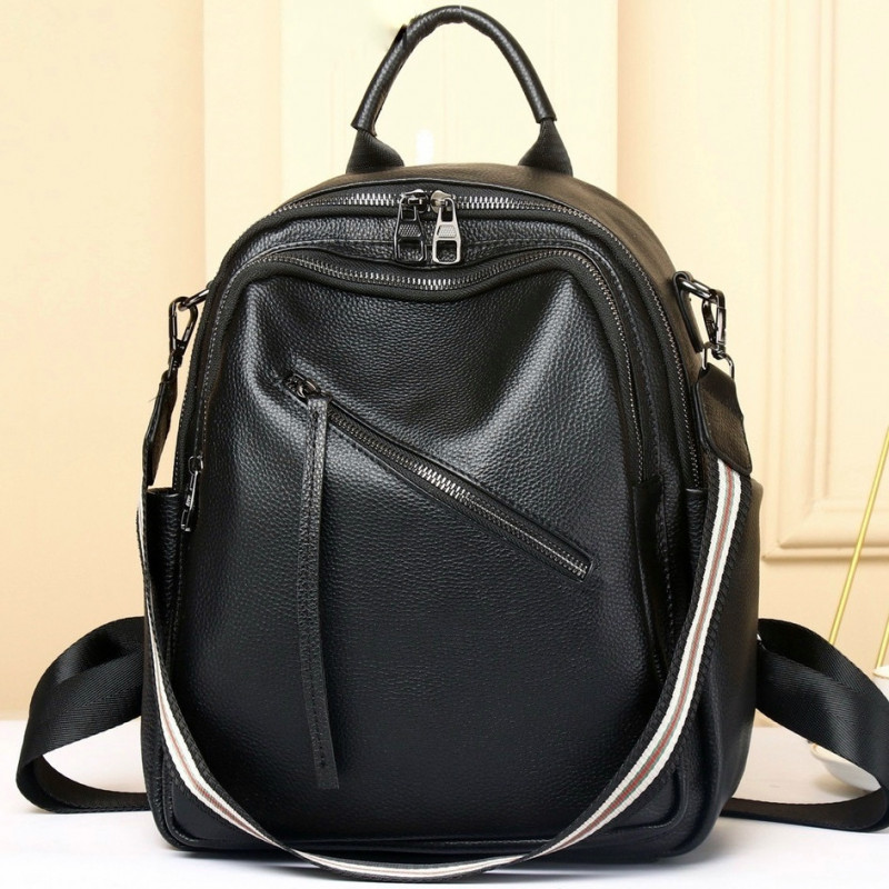 Стильна жіноча сумка міська на плечі 35х27х14, рюкзак з натуральної шкіри, чорний