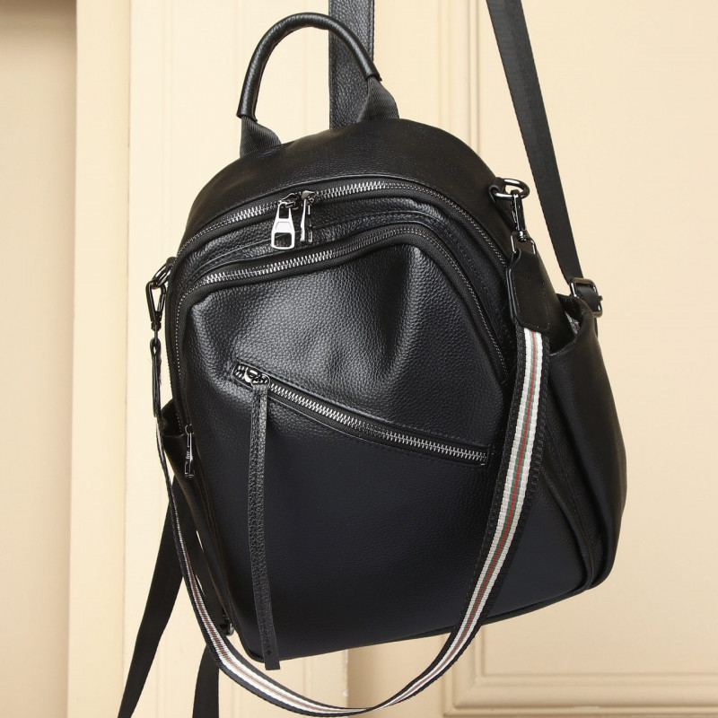 Стильна жіноча сумка міська на плечі 35х27х14, рюкзак з натуральної шкіри, чорний