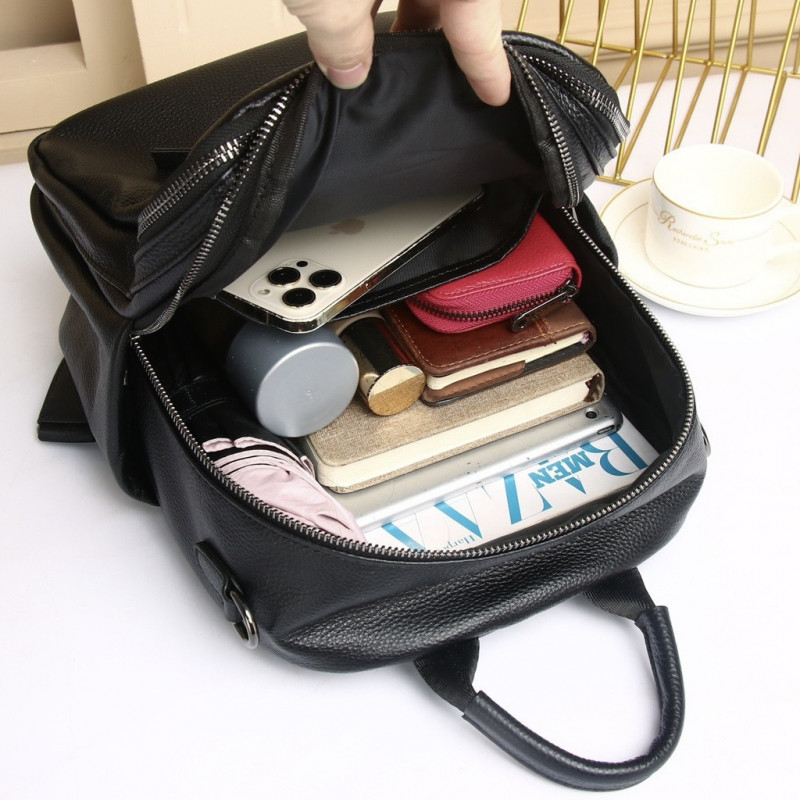 Стильна жіноча сумка міська на плечі 35х27х14, рюкзак з натуральної шкіри, чорний