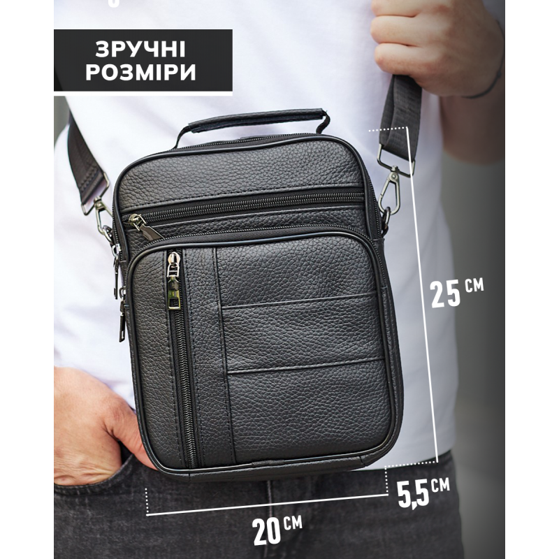 Чоловіча шкіряна сумка-барсетка 20х25х 5.5, месенджер через плече Bexhill BX-02103 чорний