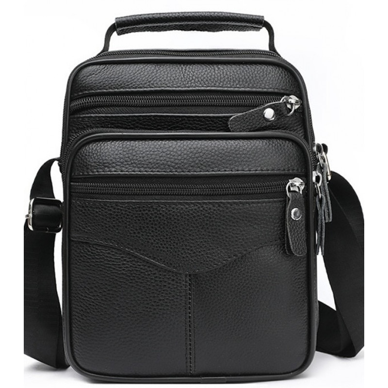 Чоловіча барсетка через плече 26х20.5х8 / месенджер наплічний з натуральної шкіри, чорний