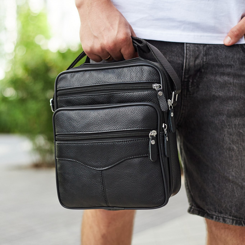 Чоловіча барсетка через плече 26х20.5х8 / месенджер наплічний з натуральної шкіри, чорний