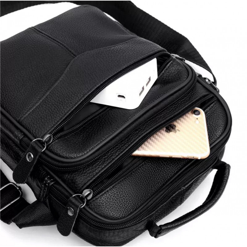 Чоловіча барсетка через плече 26х20.5х8 / месенджер наплічний з натуральної шкіри, чорний