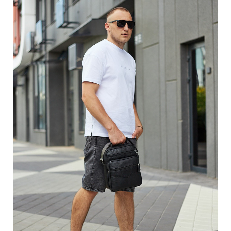 Чоловіча барсетка через плече 26х20.5х8 / месенджер наплічний з натуральної шкіри, чорний