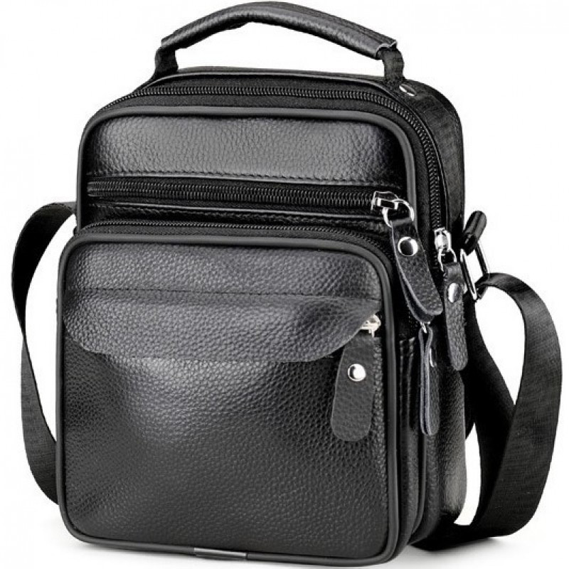 Чоловічі шкіряні сумки планшет 17х21х9, барсетка через плече з ручкою чорна 86802