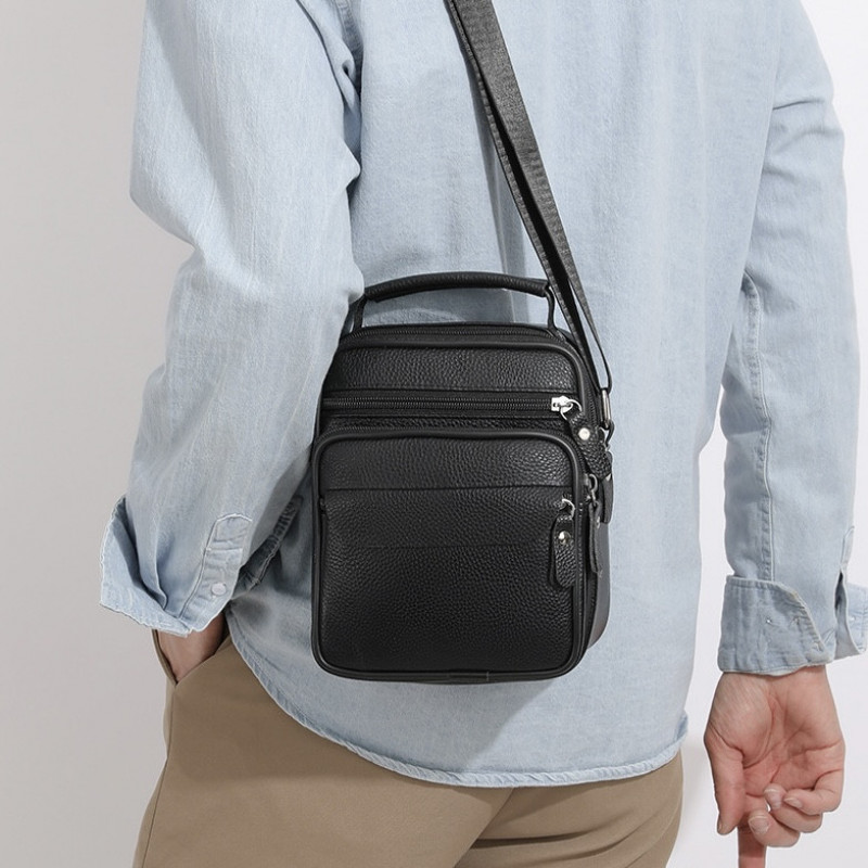 Чоловічі шкіряні сумки планшет 17х21х9, барсетка через плече з ручкою чорна 86802