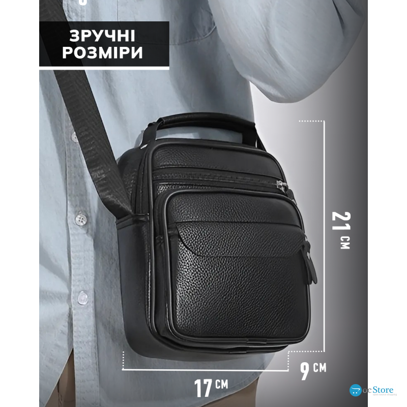 Чоловічі шкіряні сумки планшет 17х21х9, барсетка через плече з ручкою чорна 86802