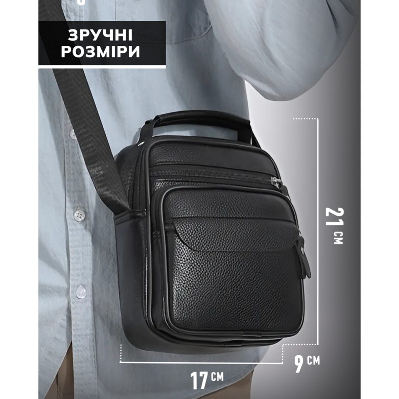 Чоловічі шкіряні сумки планшет 17х21х9, барсетка через плече з ручкою чорна 86802
