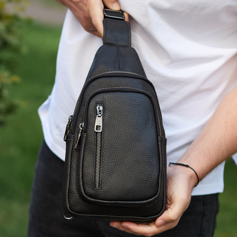 Сумка слінг чоловіча через плече 19х31х7, нагрудна сумочка рюкзак з натуральної шкіри TIDING BAG 32545 чорна