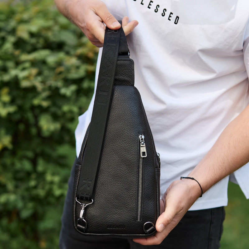 Сумка слінг чоловіча через плече 19х31х7, нагрудна сумочка рюкзак з натуральної шкіри TIDING BAG 32545 чорна