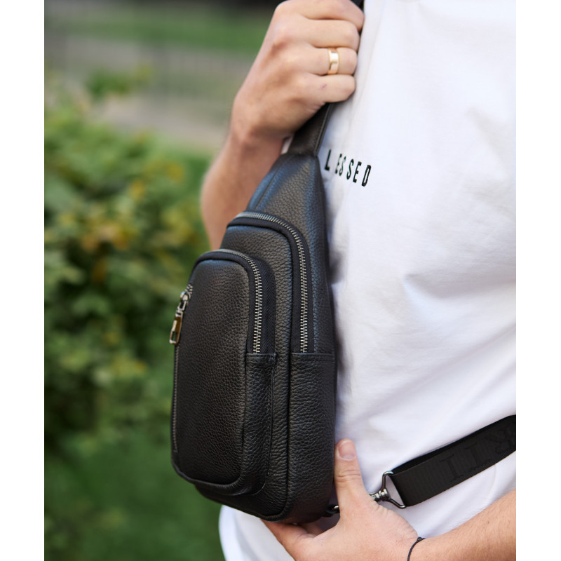 Сумка слінг чоловіча через плече 19х31х7, нагрудна сумочка рюкзак з натуральної шкіри TIDING BAG 32545 чорна