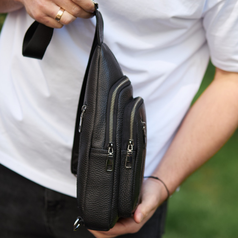 Сумка слінг чоловіча через плече 19х31х7, нагрудна сумочка рюкзак з натуральної шкіри TIDING BAG 32545 чорна