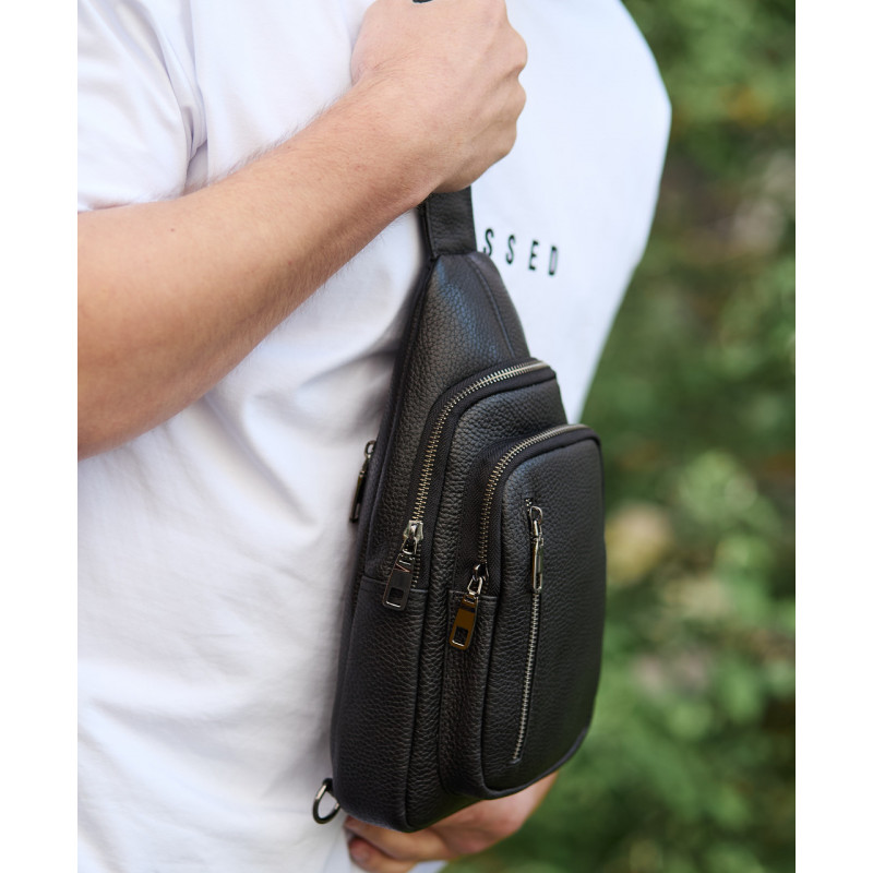 Сумка слінг чоловіча через плече 19х31х7, нагрудна сумочка рюкзак з натуральної шкіри TIDING BAG 32545 чорна