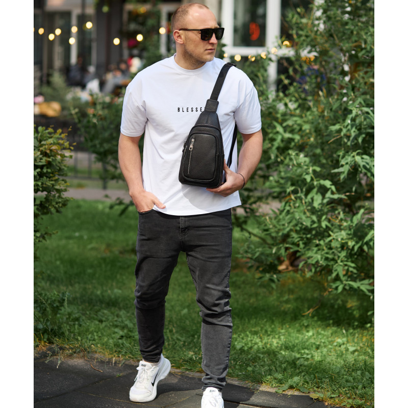 Сумка слінг чоловіча через плече 19х31х7, нагрудна сумочка рюкзак з натуральної шкіри TIDING BAG 32545 чорна