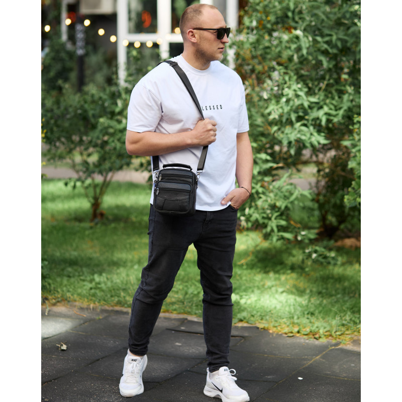 Чоловіча сумка-барсетка шкіряна 17x21x9, сумочка планшет для гаджетів Tiding Bag 32051 чорна