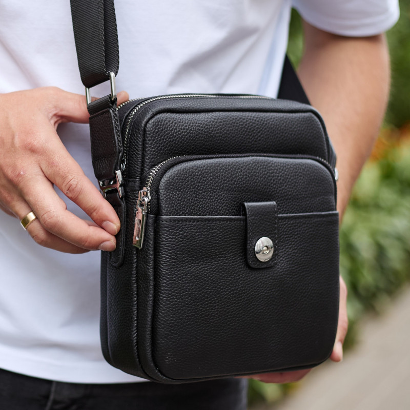 Чоловіча шкіряна універсальна сумка 24х20х8, барсетка зі шкіри, сумочка для чоловіків з регулюванням ручки, чорна