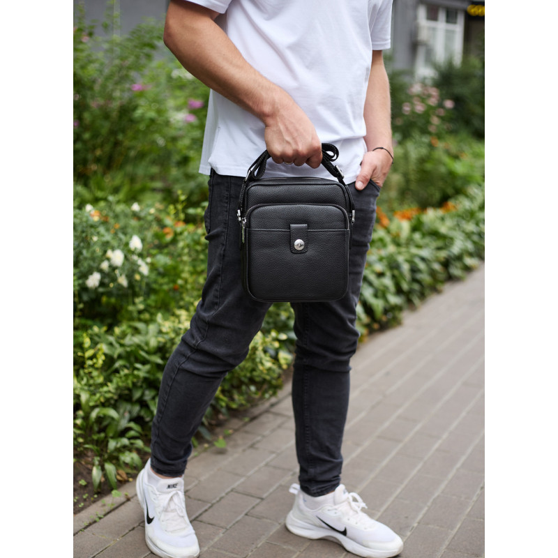 Чоловіча шкіряна універсальна сумка 24х20х8, барсетка зі шкіри, сумочка для чоловіків з регулюванням ручки, чорна