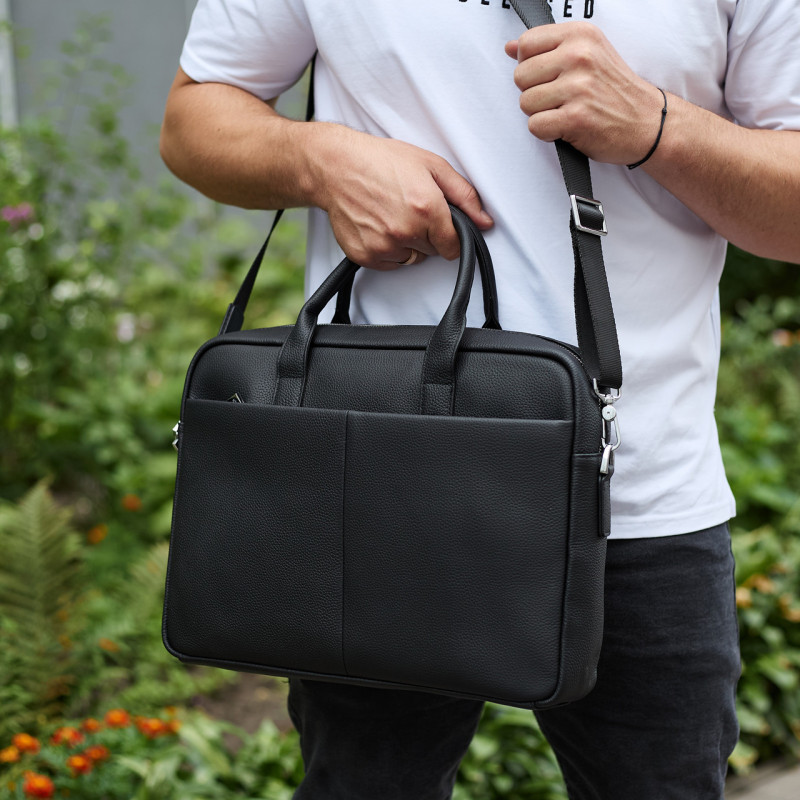 Чоловічий портфель на плече 38х28х8.5, офісний шкіряний месенджер, чоловіча ділова сумка для міста, чорна