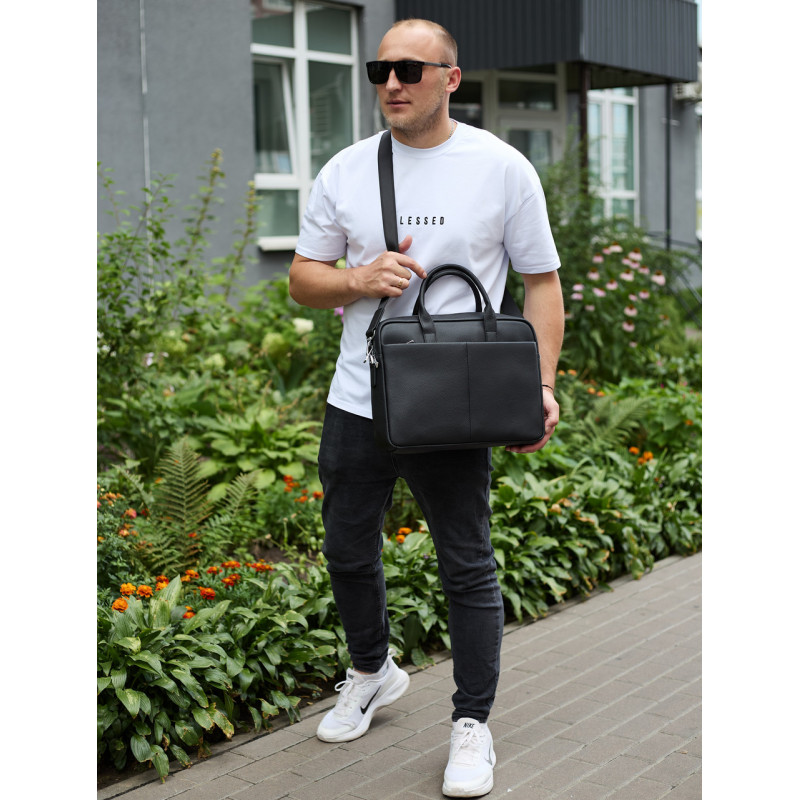 Чоловічий портфель на плече 38х28х8.5, офісний шкіряний месенджер, чоловіча ділова сумка для міста, чорна