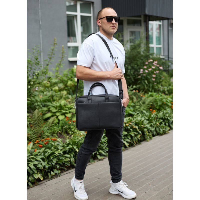 Чоловічий портфель на плече 38х28х8.5, офісний шкіряний месенджер, чоловіча ділова сумка для міста, чорна