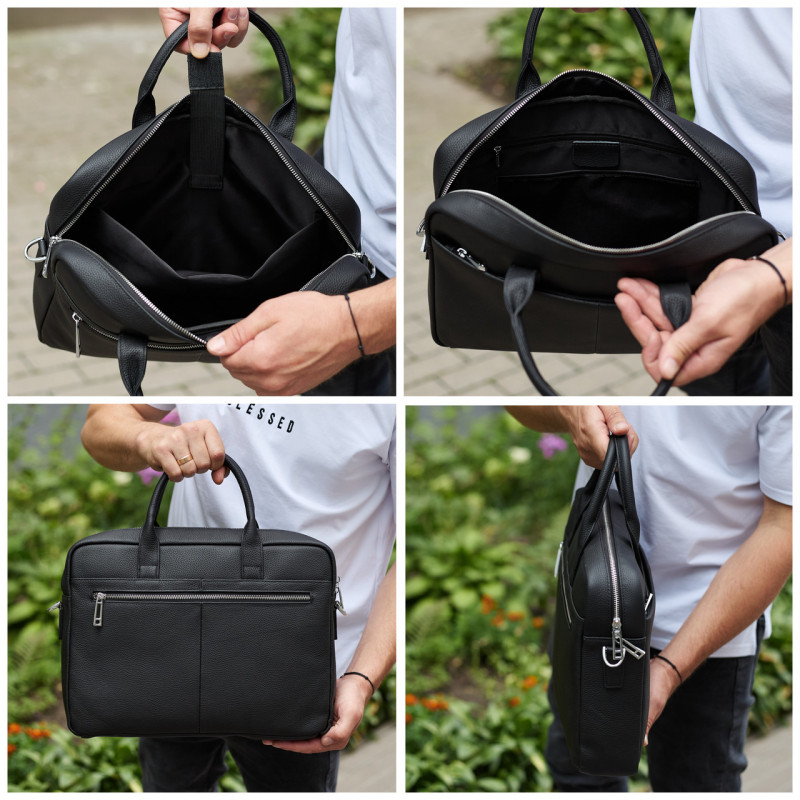 Чоловічий портфель на плече 38х28х8.5, офісний шкіряний месенджер, чоловіча ділова сумка для міста, чорна