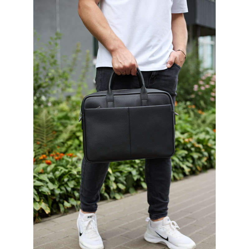 Чоловічий портфель на плече 38х28х8.5, офісний шкіряний месенджер, чоловіча ділова сумка для міста, чорна